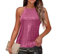 Générique T Shirt Manches Longues Femme Haut Col Rond Top Femme Chemisier Festif Classique Chemisiers Élégant Carnaval Top Casual Paillettes Blouses pour Les Réunions Rose Vif M