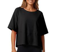 Générique T-Shirt Uni Col Rond Manches Aile de Chauve-Souris Demi-Manches, Haut Basique Mignon Fluide à Coupe Spacieuse idéal pour Toutes Vos Tenues Estivales du Quotidien(Black, L)