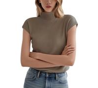 Générique T-Shirts À Manches Courtes pour Femmes Hauts Basiques en Maille Côtelée À Col Roulé Pulls D'Été pour Femmes Chemisiers Élégants Hauts Basiques Pulls Couleur Avoine Taille L