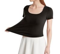 Générique T-Shirts Et DéBardeurs Femme T-Shirt à Manches Courtes pour Femme avec Coussinet de Poitrine avec Ourlet en Arc irrégulier et Bas de Soutien-Gorge Haut à col carré.(Black,L)