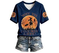 Générique T Shirts Manches Courtes Col en V pour Femme Haut DéContracté avec Lettres Et SorcièRe ImpriméEs Halloween Hauts Sexy DéContracté Doux Et Confortable Femmes SoiréE Club Dentelle De Nuit