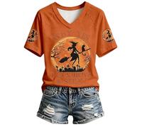 Générique T Shirts Manches Courtes Col en V pour Femme Haut DéContracté avec Lettres Et SorcièRe ImpriméEs Halloween Hauts Sexy DéContracté Doux Et Confortable Femmes SoiréE Club Dentelle De Nuit