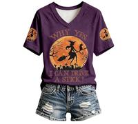Générique T Shirts Manches Courtes Col en V pour Femme Haut DéContracté avec Lettres Et SorcièRe ImpriméEs Halloween Hauts Sexy DéContracté Doux Et Confortable Femmes SoiréE Club Dentelle De Nuit