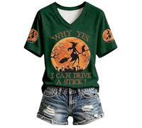 Générique T Shirts Manches Courtes Col en V pour Femme Haut DéContracté avec Lettres Et SorcièRe ImpriméEs Halloween Hauts Sexy DéContracté Doux Et Confortable Femmes SoiréE Club Dentelle De Nuit