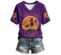 Générique T Shirts Manches Courtes Col en V pour Femme Haut DéContracté avec Lettres Et SorcièRe ImpriméEs Halloween Hauts Sexy DéContracté Doux Et Confortable Femmes SoiréE Club Dentelle De Nuit