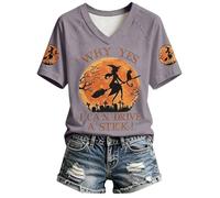 Générique T Shirts Manches Courtes Col en V pour Femme Haut DéContracté avec Lettres Et SorcièRe ImpriméEs Halloween Hauts Sexy DéContracté Doux Et Confortable Femmes SoiréE Club Dentelle De Nuit