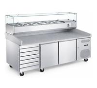 Générique Table à Pizza Réfrigérée 2 Portes avec 7 Tiroirs à Pâtons et Vitrinette - Plan Granit - 580L