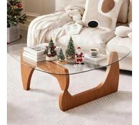 Générique Table Basse Ovale, Moderne Table de Salon Basse et Verre Triangle- Pieds en Noyer Chaleureux et Plateau Verre Élégant, Vintage Tables d Appoint pour Salon Contemporain