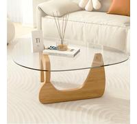 Générique Table Basse, Vintage Ovale Petite Table Basse Pas Cher-Moderne Tables d Appoint, avec Piètement en Bois Massif et Plateau en Verre Trempé, pour Salon, Bureau, 82×65×40cm