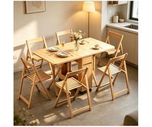 Générique Table De Salle à Manger Extensible avec 6 Chaises, Ensemble De Table Pliante pour Petits Espaces, Structure Robuste en Bois Massif,Natural,A