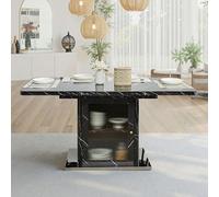 Générique Table de Salle à Manger rectangulaire Moderne Extensible de 120 à 160 cm, avec Plateau en marbre Noir imprimé et Meuble de Rangement intégré. Pieds en métal.
