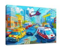 Générique Tableau Décoratif sur Toile 120 x 60 cm Dessin Animé Impression sur Toile, Décoration Murale Art Bleu Ville Trafic Véhicule, pour Salon, Chambre à Coucher, Cuisine