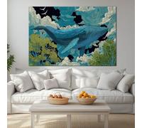 Générique Tableau Decoration Murale Animaux Baleine Bleue Île Botanique - Impression sur toile avec Cadre Fantastique pour Chambre Enfant Salon Bureau, Peinture Tableau Image sur toile 70 x 50 cm