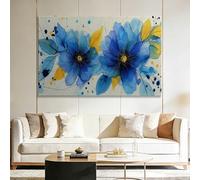 Générique Tableau Décoration Murale Aquarelle - Impression sur Toile avec Châssis en Bois - Plantes Rétro Fleurs Bleues Design Élégant pour Salon, Chambre, Bureau - Prêt à Accrocher - 90 x 60 cm