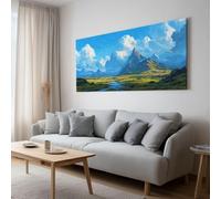 Générique Tableau Décoration Murale Ciel Bleu Et Nuages Blancs Montagnes Rivières 70 x 50 cm, Impression sur Toile avec Cadre en Bois Paysage Art Mural pour Salon, Studio, Couloir, Bureau