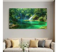 Générique Tableau Paysage Nature Forêt et Cascade Déco 70x50 cm Vert | Impression sur Toile Sans Cadre, Décoration Murale Zen Apaisante Salon Bureau Couloir, Impression HD Haute Fidélité