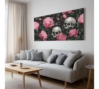 Générique Tableau sur toile Cadre 100 x 75 cm, Impression sur Toile Gothique Vintage Floral Crâne Decoration Image Murale Peinture Gris foncé Tableaux Art Décoratif Muraux Décoration Chambre