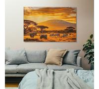 Générique Tableau sur Toile Éléphants zèbres savane africaine Impression sur Toile, Decoration Murale Salon Moderne, Image sur Toile, Affiche Poster Murale Tableaux 70x140 cm, Sans cadre