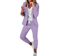 Générique Tailleur Femme 2 Pièces Elegant Slim Fit Blazer Veste Formel Bureau Travail Pantalon Costumes Revers Manteau Ensemble (Violet, L)