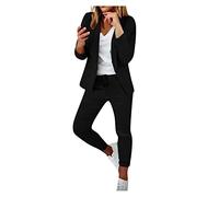 Générique Tailleur Femme 2 Pièces Elegant Slim Fit Blazer Veste Formel Bureau Travail Pantalon Costumes Revers Manteau Ensemble (Noir, M)