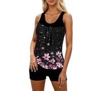 Générique Tankini pour Femme Maillot De Bain Gainant Imprimé Col Carré Taille Haute Deux Pièces Jupette Une Pièce avec Short Intégré Swimsuit Tankinis Aquagym Beachwear (Rose Vif#2,L)