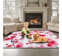 Générique Tapis 3D Fleurs Magnifiques Fleurs Cerisier Tapis Salon Extérieur Intérieur Terrasse Balcon Cuisine Chambre Rectangle Antidérapant, Enfant Ado Décoration, Blanc 100 x 150 cm