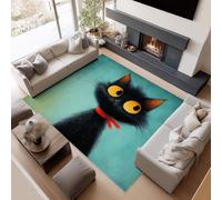 Générique Tapis Abstrait Salon Animal Chat Noir Peinture à l'huile à Poils Courts Antidérapant Salon Turquoise 80 x 150cm Chambre Poil Ras Doux Tapis de Décoration Paillassons pour entrée