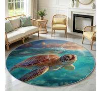 Générique Tapis Animaux Marins Bleu 100 cm - Lavable en Machine et Antidérapant - Idéal pour Les Zones à Fort Passage, Tapis à Poil Court Tortue Marine 3D pour Salon Salle à Manger Chambre à Coucher