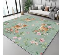 Générique Tapis Aquarelle Animaux Cerf Fleurs pour Chambre à Coucher Et Salon, Poils Courts Et Doux - Facile à Nettoyer - 90 x 120 cm Vert