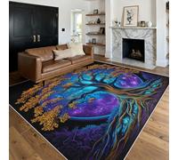 Générique Tapis Arbre de Vie Viking 240 x 340 cm, Grand Tapis Décoration Salon Chambre, Motif Arbre Psychédélique Fantastique, Antidérapant Lavable Doux à Poils Ras, Bleu Violet Or O-fd8