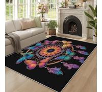 Générique Tapis Attrape-Rêves 160 x 200 cm, Grand Tapis Décoration Salon Chambre, Motif Plume Papillon Bohème, Antidérapant Lavable Doux à Poils Ras, Multicolore 1 O-fd23