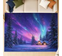 Générique Tapis bohème à Poils Courts antidérapant - Tapis de Salon Doux et Facile d’Entretien, Tapis Lavable Moderne uni ou à Motif, 160 X 230 cm, Aurore boréale Neige Blanche cabane, Violet Bleu