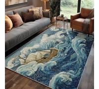 Générique Tapis Carré Japonais Chambre 100x100 cm Motif Océan Vague Bateau Asiatique, Tapis Cuisine Lavable Antidérapant Doux Poil Ras, Deco Chambre Moquette, j1d5604