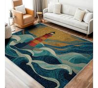 Générique Tapis Carré Marine Chambre 150x150 cm Motif Abstrait Vague Soleil Océan Phare Mosaïque, Tapis Cuisine Lavable Antidérapant Doux Poil Ras, Deco Chambre Moquette