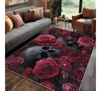 Générique Tapis Carré Tête De Mort Salon 150x150 cm Motif Gothique Rose Romantique Fleurie 3D Vintage, Tapis Lavable Antidérapant Doux Poil Court, Decoration Chambre Descente De Lit Carpet