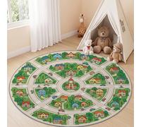 Générique Tapis Chambre Enfant Rond Ville Caricature 160 cm, Vert | Tapis Rond Lavable en Machine Imprimé Carte De Ville Route, Moquette Doux Antidérapant pour Chambre Adulte et Ado Salon
