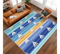 Générique Tapis Côtier Voilier 160 x 230 cm, Grand Tapis Décoration Salon Chambre, Motif Navire Nautique Maritime Rayé, Antidérapant Lavable Doux à Poils Ras, Bleu Jaune O-fd19