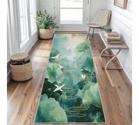 Générique Tapis Couloir Chinois Peinture à L'encre, Tapis de Couloir Feuille de Lotus Vert 60x180, pour Cuisine, Entree Interieur, Chambre, Descente de Lit, Lavable, Antidérapant, Poil Court aRa26