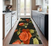 Générique Tapis Couloir Vintage Fleur Lavable en Machine, 60x300 cm Antidérapant Tapis Cuisine Devant Evier Motif Rose Feuille, Paillasson Entree Interieur, Moquette Chambre Adulte, Poil Ras