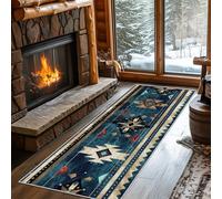 Générique Tapis Couloir Western Antidérapant Long Lavable Machine, Tapis De Couloir Bleu Ethnique Aztèque Amérindien De Cuisine Passage Entree Intérieur Descente De Lit Chambre Poil Ras 80x200 cm