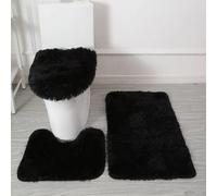 Générique Tapis de Bain 3 Pièces en Microfibre Ultra Douce - Antidérapant, Absorbant, Lavable en Machine, Tapis Contour WC et Housse de Couvercle de Toilette (Noir)