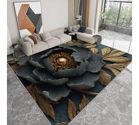 Générique Tapis de Chambre 100 x 160 cm Doux Imprimé Luxe 3D, Tapis de Salon Antidérapant Lavable Decor Plantes Exquis Noir Or Fleurs - Moquette pour Salle de séjour Chambre d'enfant Salle de Jeux