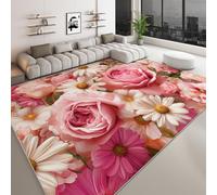 Générique Tapis de Chambre 140 x 200 cm Doux Imprimé Style Romantique, Tapis de Salon Antidérapant Lavable Decor Fleurs Roses Marguerites - Moquette pour Salle de séjour Chambre d'enfant Salle de Jeu