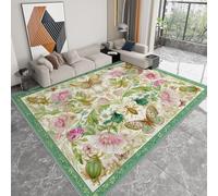 Générique Tapis de Chambre pour Femmes et Enfants, Flanelle Lavable en Machine Antidérapant Hypoallergénique, 60 x 90 cm, Style Jardin Fleuri et Papillons, Vert et Rose