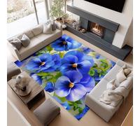 Générique Tapis de Chambre pour Femmes et Salon, Flanelle Lavable en Machine Antidérapant Hypoallergénique, 60 x 90 cm, Style Floral Pensées Bleues, Bleu et Vert