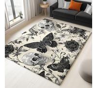 Générique Tapis de Chambre Tapis de Sol Femme Flanelle XL Lavable en Machine Antidérapant Doux Crâne Gothique Papillons et Roses Vintage Shabby Chic Élégant Maison 140x200cm Unique