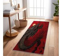 Générique Tapis de Couloir 60 x 150 cm, Dragon Noir De Dessin Animé Lavables avec Dos Antidérapant, à Poils Courts pour Couloir Entrée Cuisine Corridor, Rouge