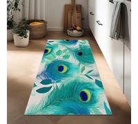 Générique Tapis de Couloir 90 x 180 cm, Tapis à Poils Courts Antidérapant Lavable Élégant Animal Paon Feuille - Tapis de Cuisine Turquoise pour L'Entrée Buanderie Couloir de L'Immeuble