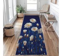 Générique Tapis de Couloir Marguerite, Tapis de Couloir Long Antidérapant 80x250, Fleurs Blanc Bleu, Tapis Cuisine Motif Floral Plantes, pour Cuisine Salon Chambre Couloir Entrée BDn84