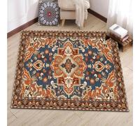 Générique Tapis de décoration,Marron Beige Floral Vintage Bleu-Noir, Orange, 130 x 130 cm, Tapis Poils Ras Decoratif pour Fauteuil Pouf Salon Moderne Chambre Adulte ou Ado
